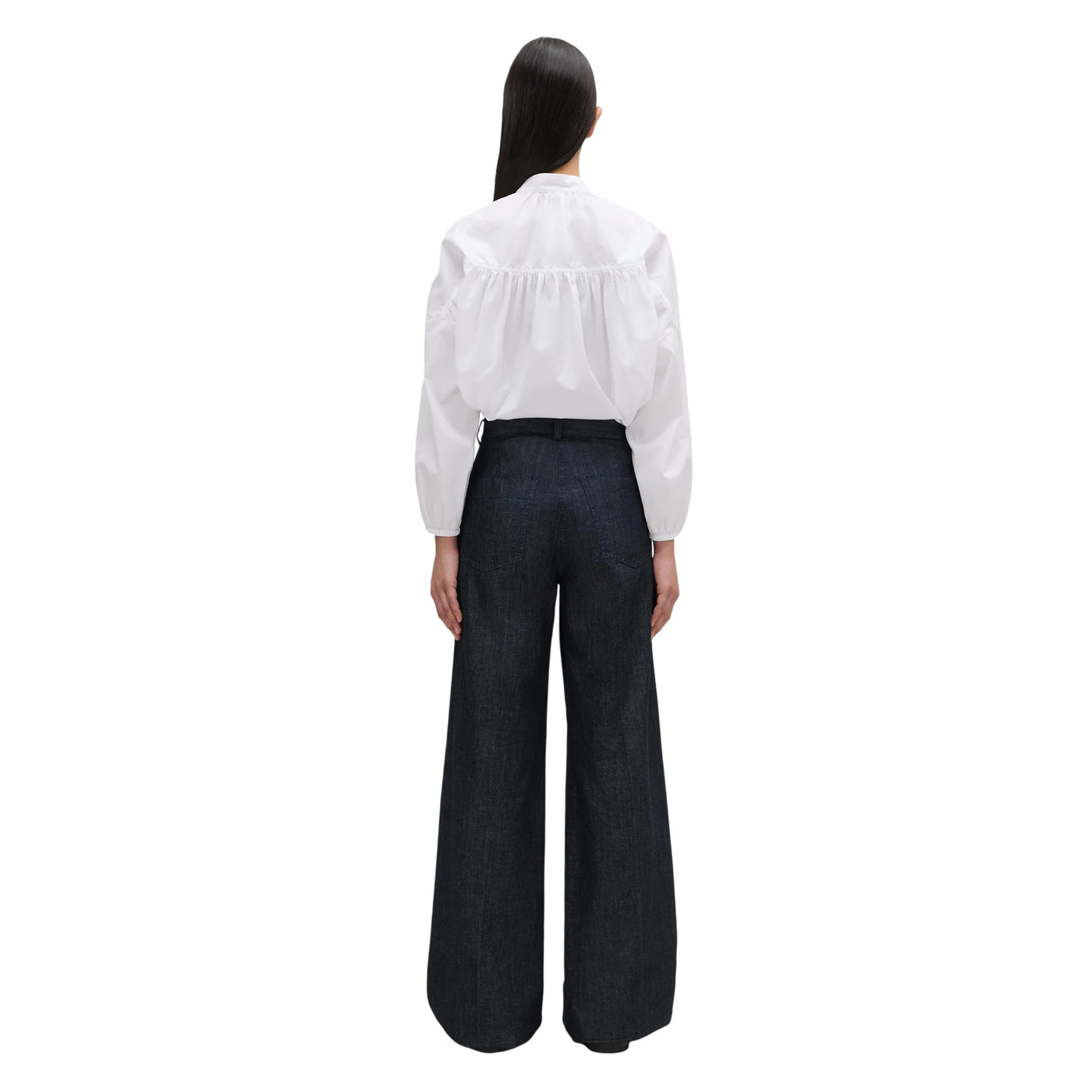 Pantaloni Donna Wide Leg in Denim modella intera retro