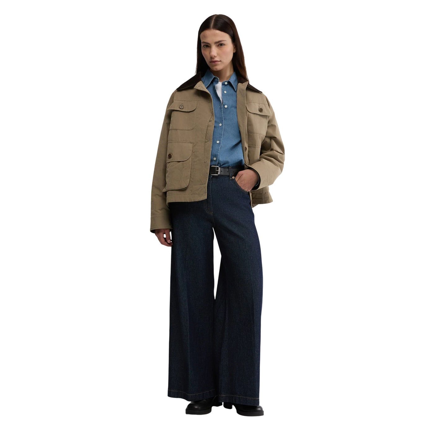 Pantaloni Donna a gamba ampia e svasata in denim modella frontale