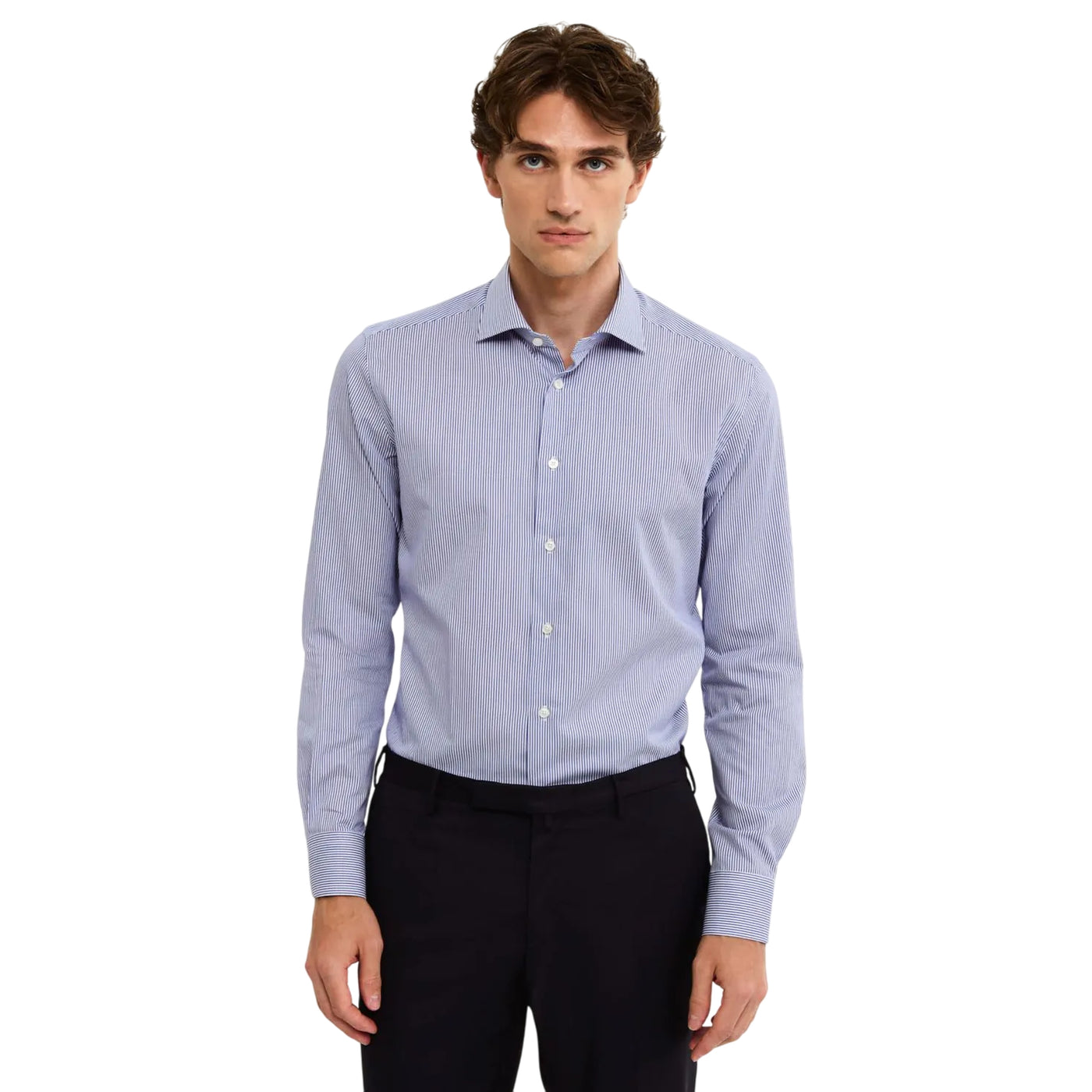 Camicia Uomo con motivo a righe, colletto semirigido e polsini arrotondati 