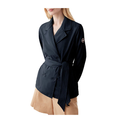 Trench corto in softshell con cintura Blu navy modella frontale