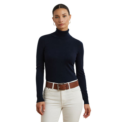 Maglia dolcevita Donna in misto seta Navy modella frontale