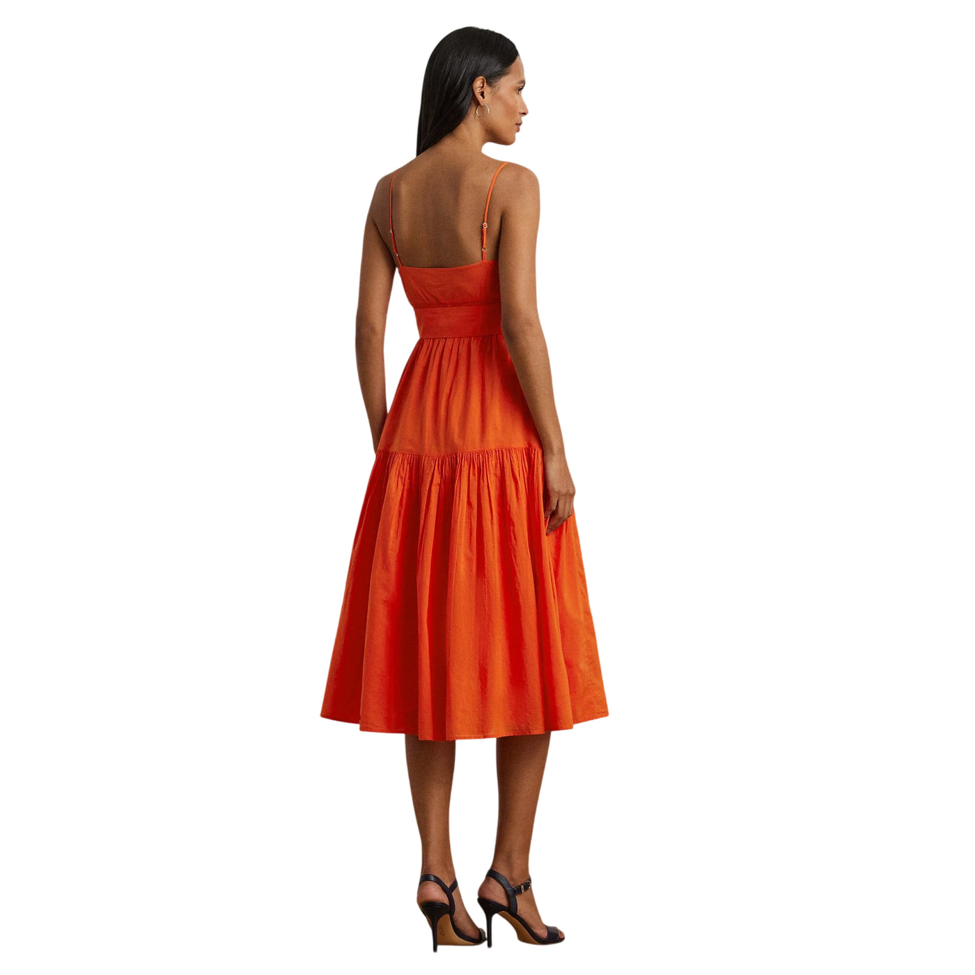 Abito senza maniche in voile di cotone arancione modella retro