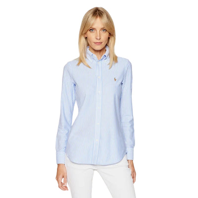 Camicia Donna in cotone a righe celeste modella frontale