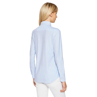 Camicia Donna in cotone a righe celeste modella retro