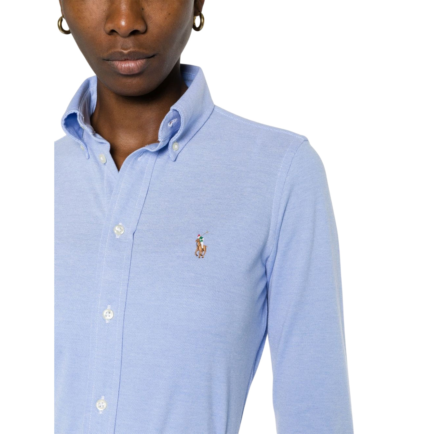 Camicia Oxford Donna in cotone Slim-Fit Celeste dettaglio logo