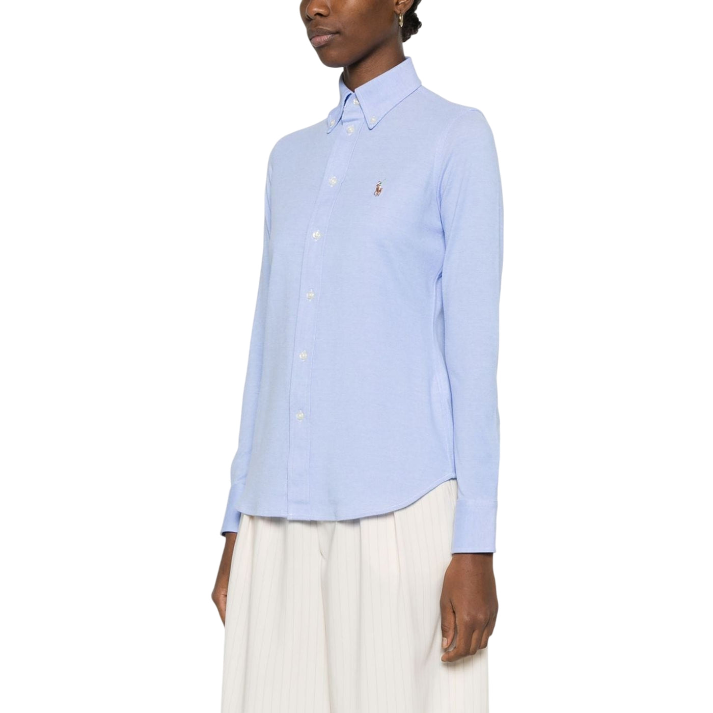 Camicia Oxford Donna in cotone Slim-Fit Celeste modella frontale