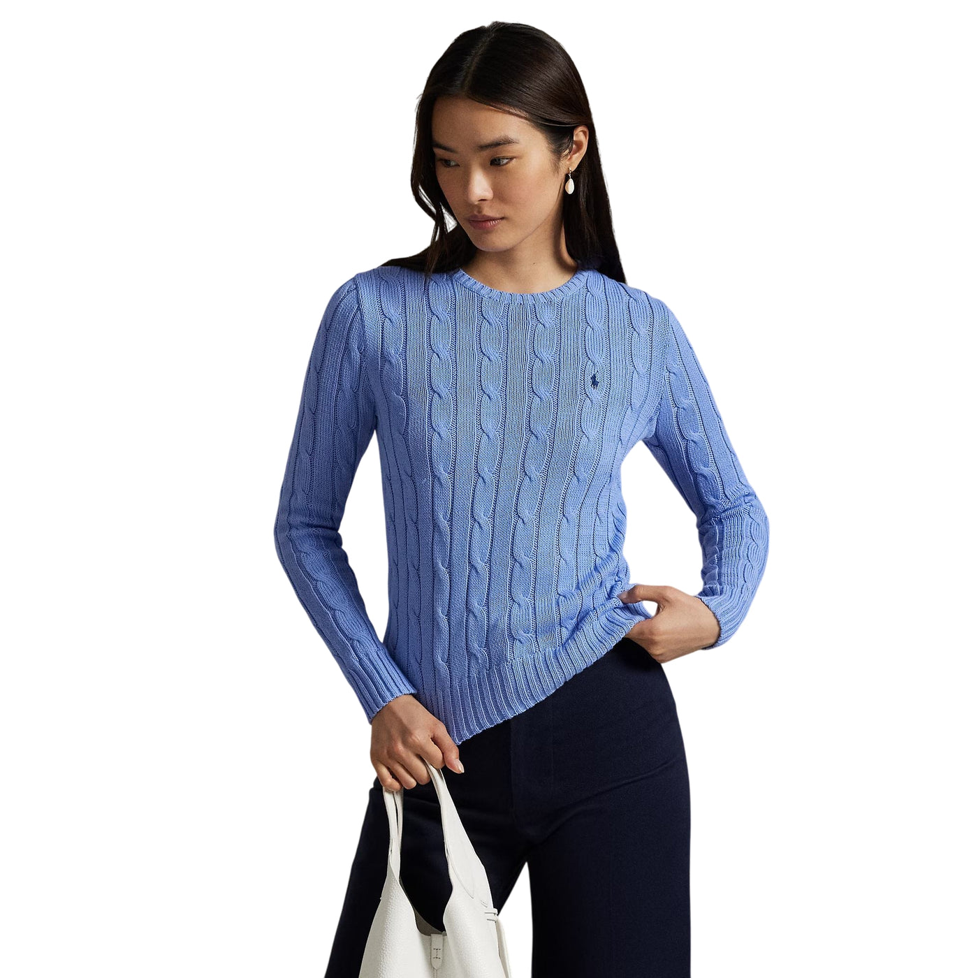 Maglia Donna in cotone a trecce Celeste modella frontale