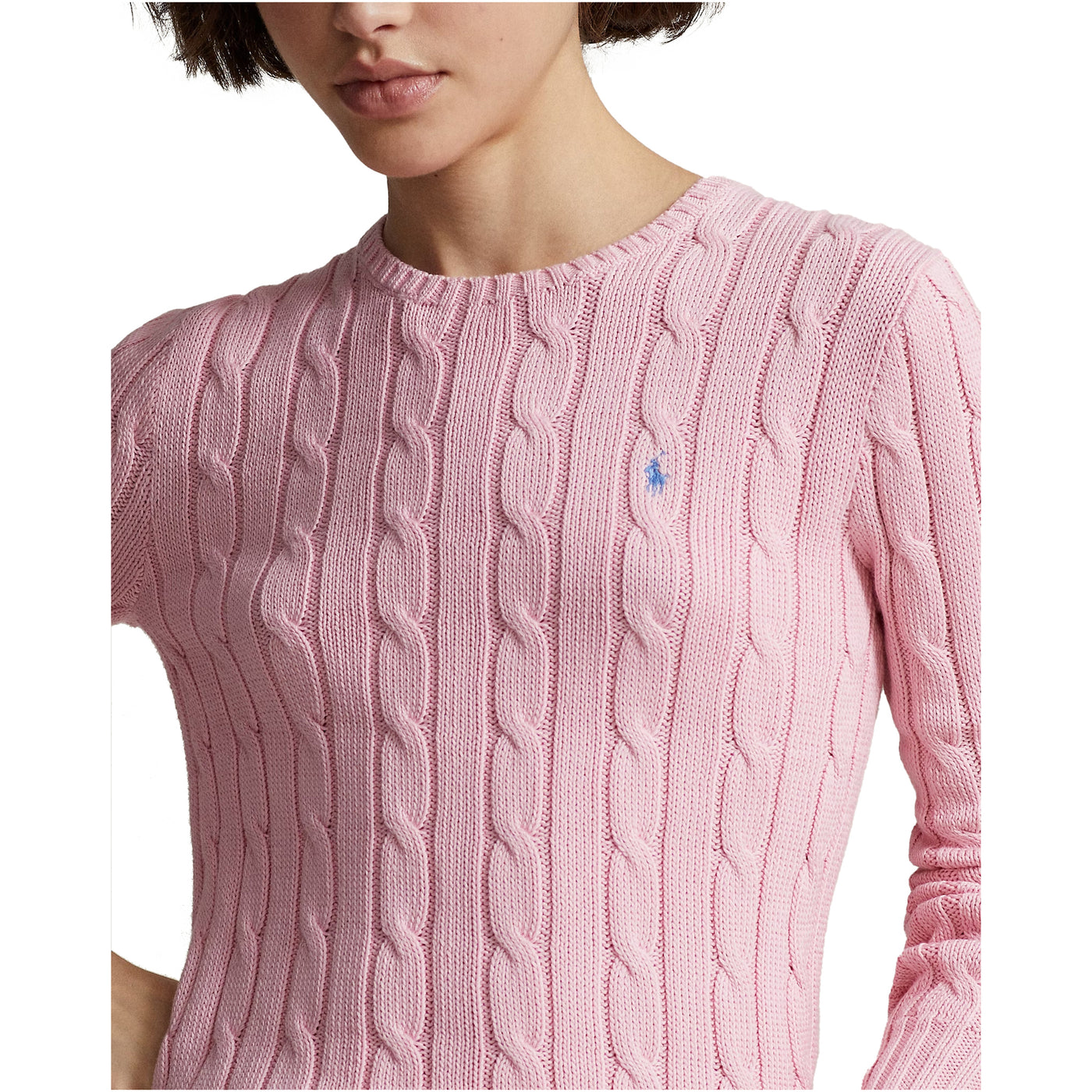 Maglia Donna in cotone a trecce Rosa modella frontale ravvicibnata