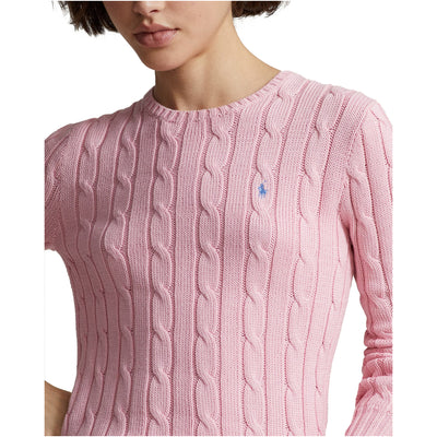 Maglia Donna in cotone a trecce Rosa modella frontale ravvicibnata