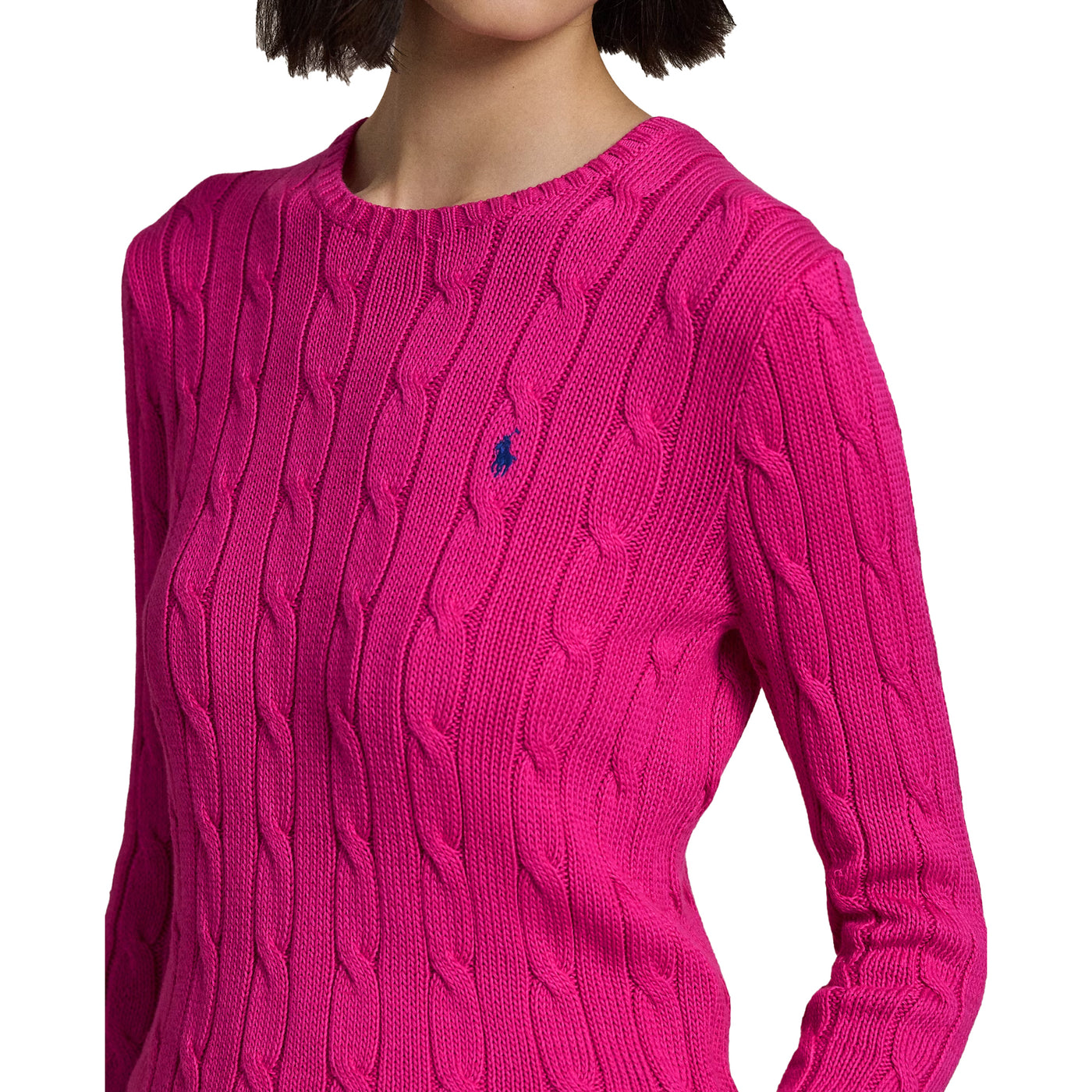 Maglia Donna in cotone a trecce Fucsia modella frontale ravvicinata