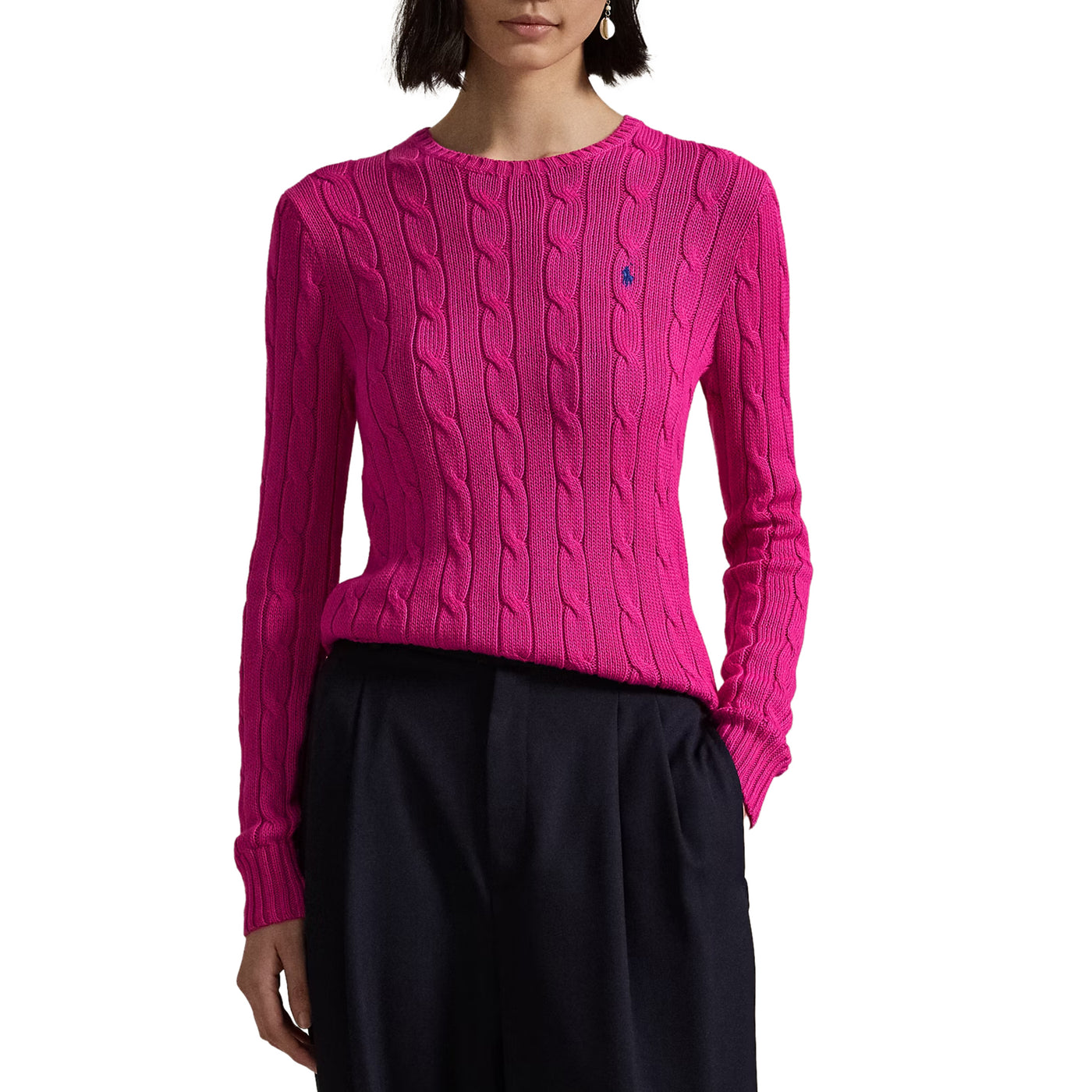 Maglia Donna in cotone a trecce Fucsia modella frontale