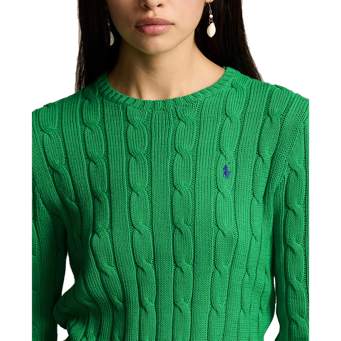Maglia Donna in cotone a trecce Verde modella frontale ravvicinata