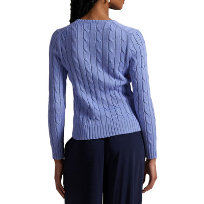 Maglia Donna a trecce con scollo a V Celeste modella retro