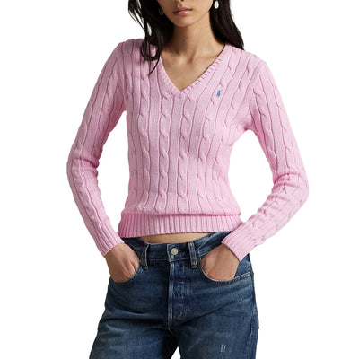 Maglia Donna a trecce con scollo a V Rosa modella frontale
