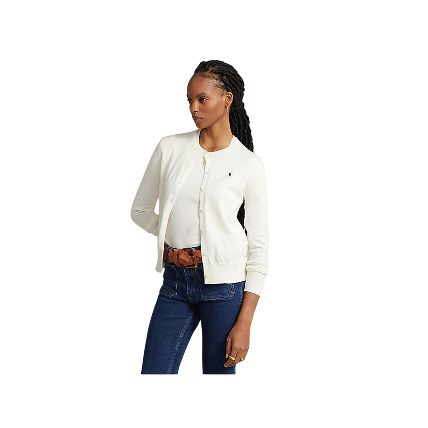 Cardigan Donna con bottoni color crema modella frontale
