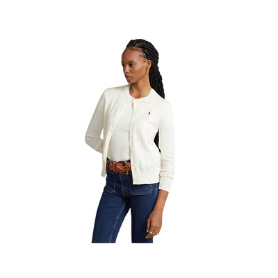 Cardigan Donna con bottoni color crema modella frontale