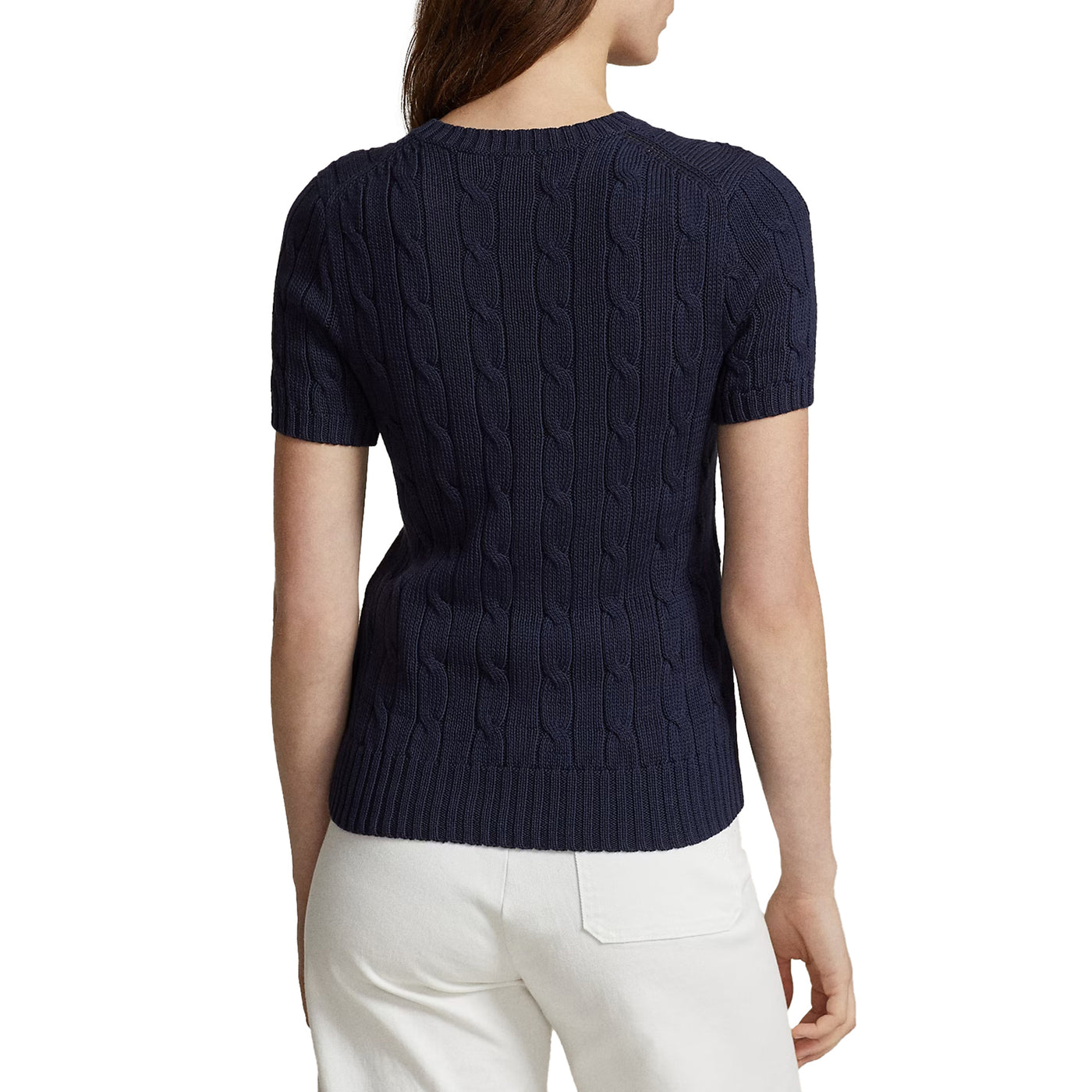 Maglia Donna a maniche corte a trecce Navy modella retro