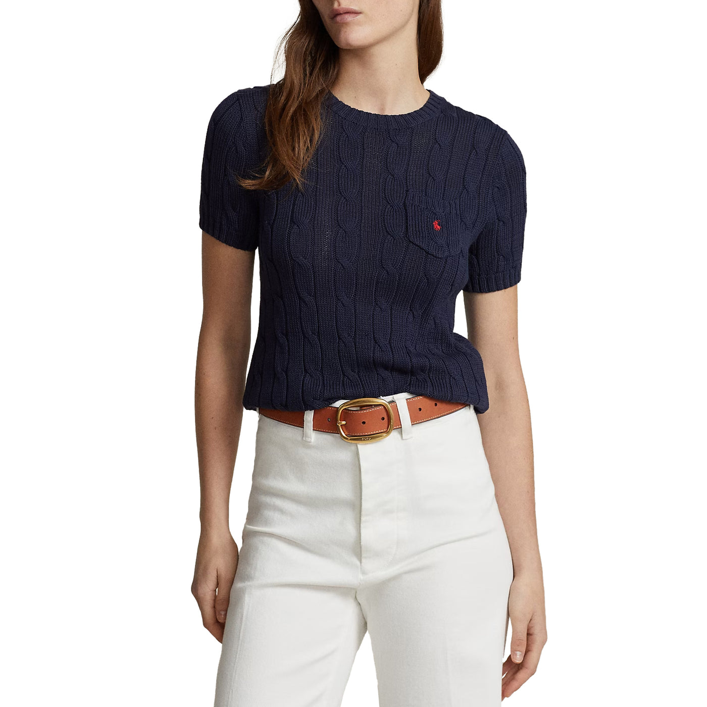 Maglia Donna a maniche corte a trecce Navy modella frontale