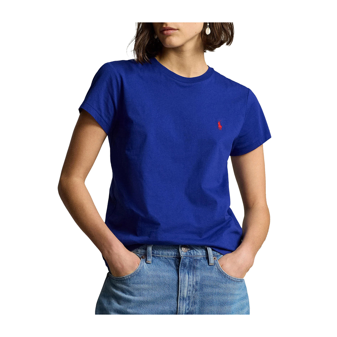 T-shirt Donna in puro cotone tinta unita con logo rosso ricamato