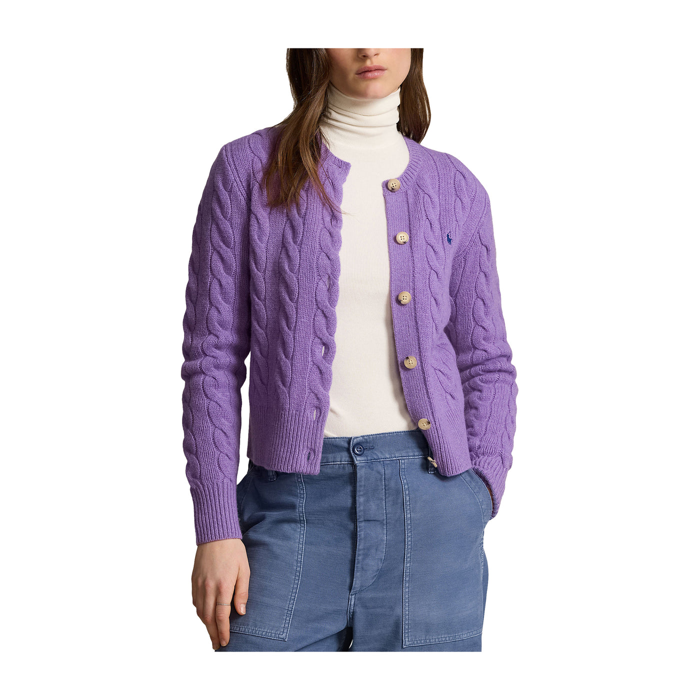 Cardigan Donna Viola, a girocollo con pony blu ricamato