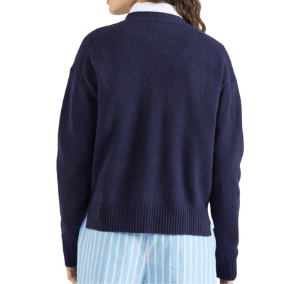 Cardigan Donna con tasche applicate Navy modella retro