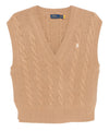Gilet Donna Beige in lana, a V, lavorato a trecce