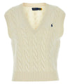 Gilet Donna Bianco in lana, a V, lavorato a trecce