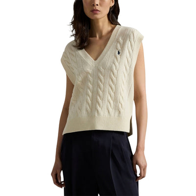 Maglia Donna a trecce senza maniche Bianco modella frontale