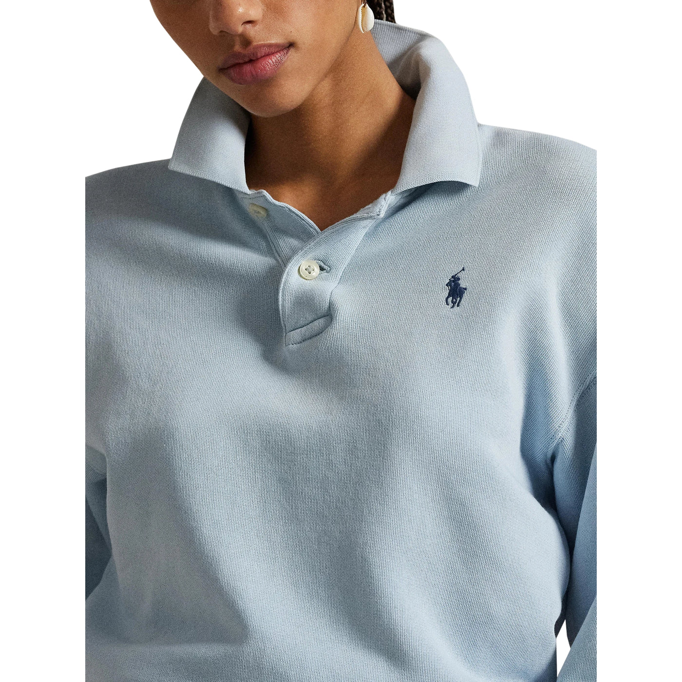 Felpa Donna con colletto polo Celeste modella