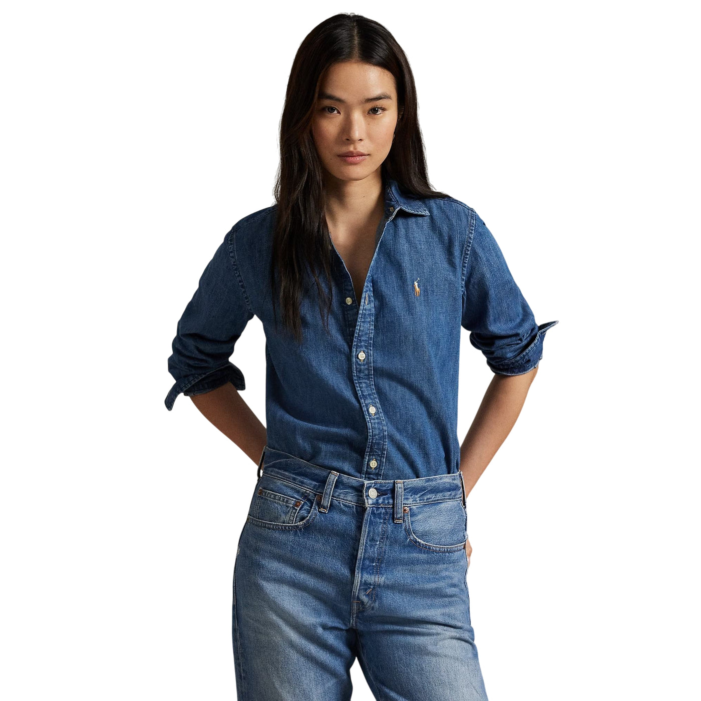 Camicia Donna in denim Slim-Fit Blu modella frontale