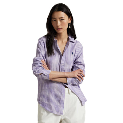 Camicia Donna in lino a righe viola modella frontale
