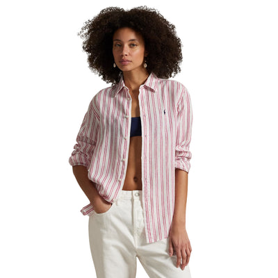Camicia Donna in lino a righe rosa modella frontale