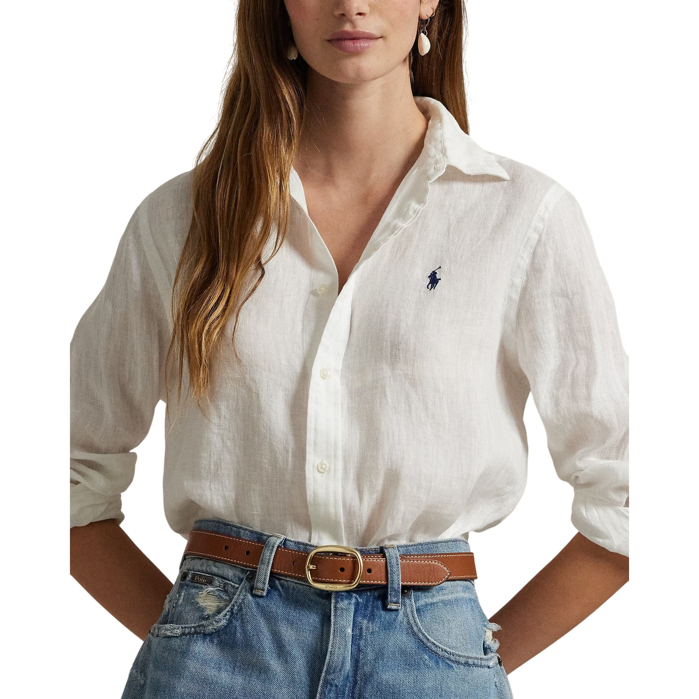 Camicia Donna in lino Classic-Fit Bianco modella frontale ravvicinata