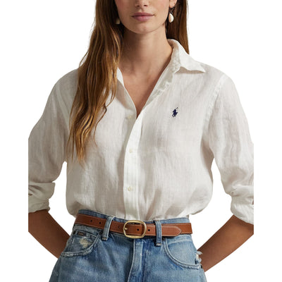 Camicia Donna in lino Classic-Fit Bianco modella frontale ravvicinata