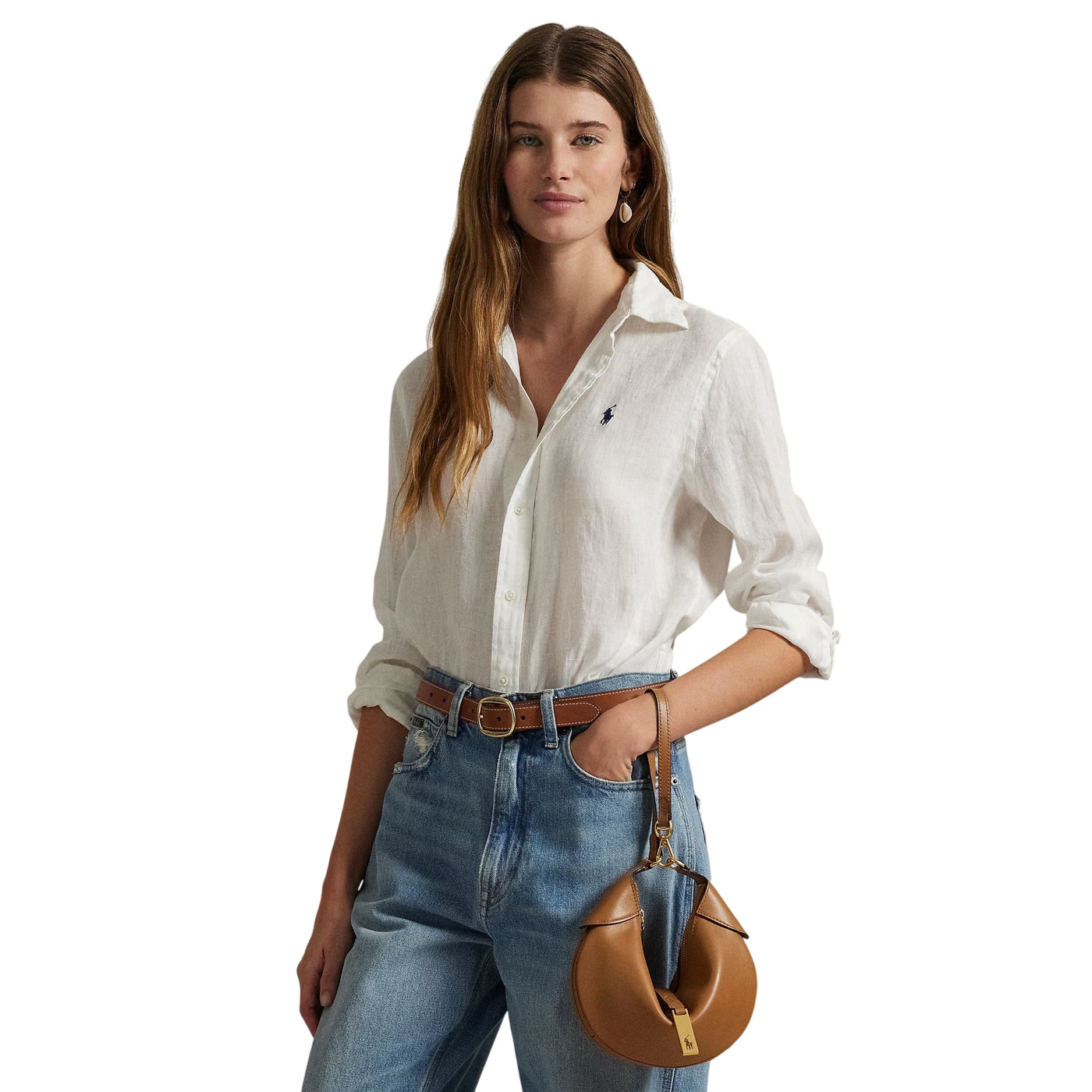 Camicia Donna in lino Classic-Fit Bianco modella frontale