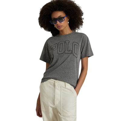 T-shirt Donna Grigio con maxi scritta "Polo" modella frontale