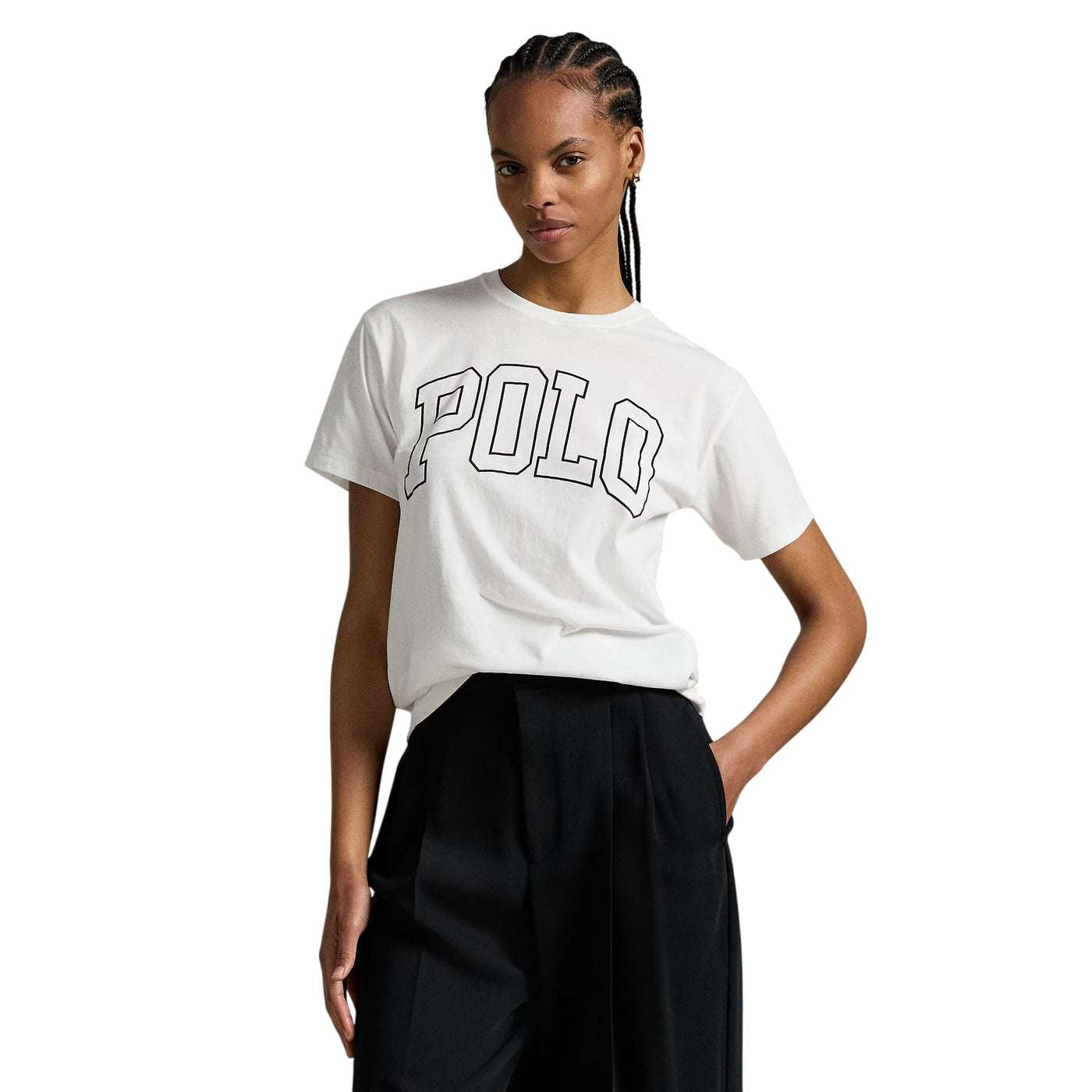 T-shirt Donna con maxi scritta POLO modella frontale