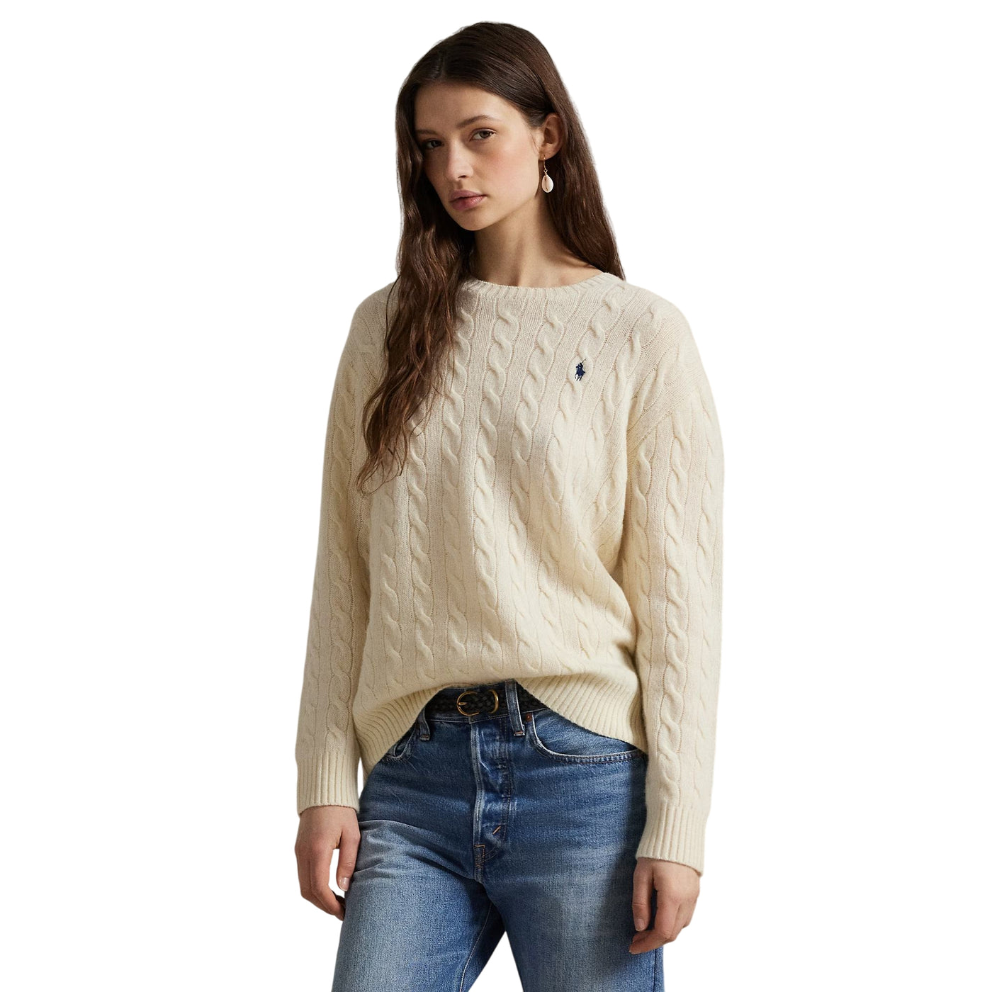 Maglia Donna a trecce in lana e cashmere Crema modella frontale