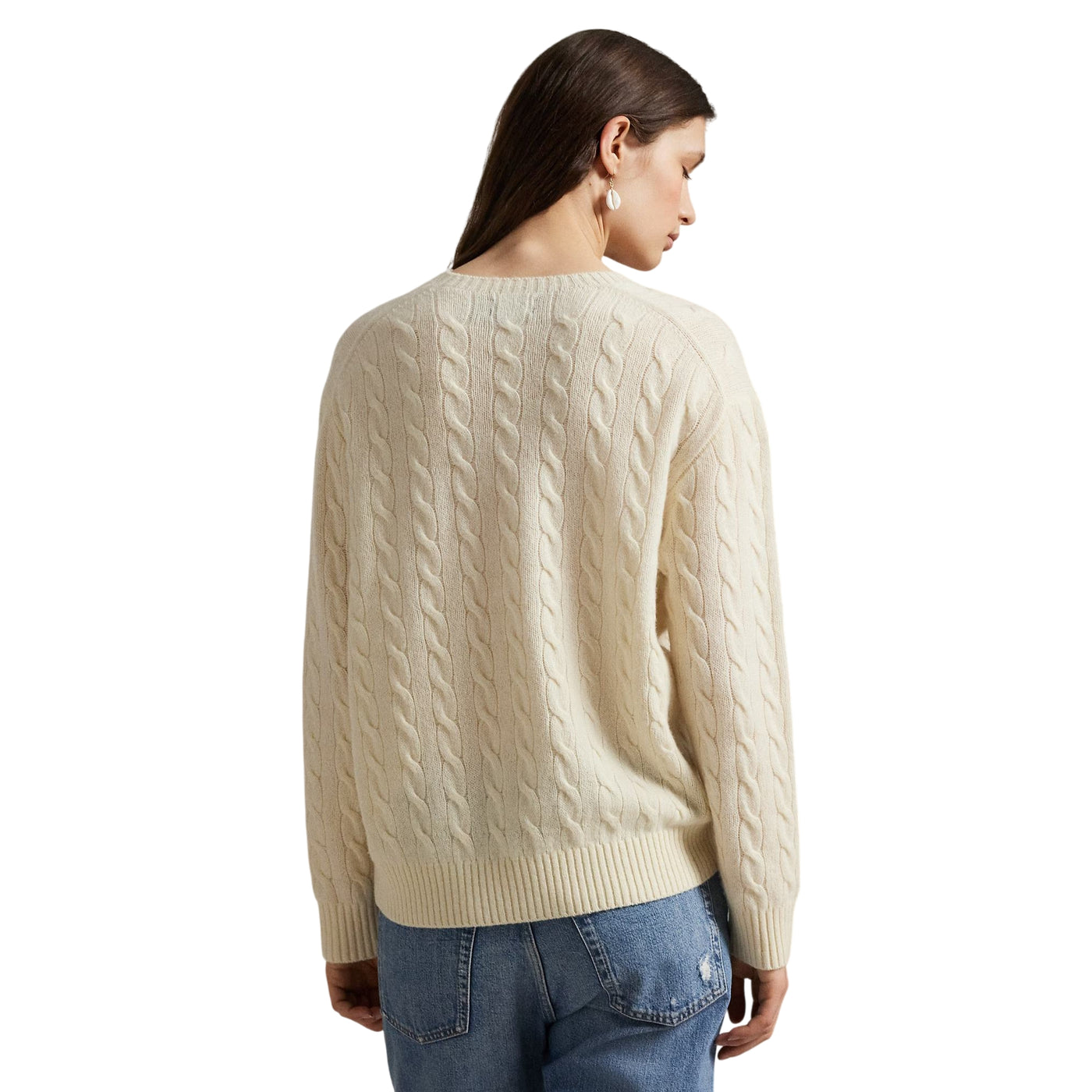Maglia Donna a trecce in lana e cashmere Crema modella retro