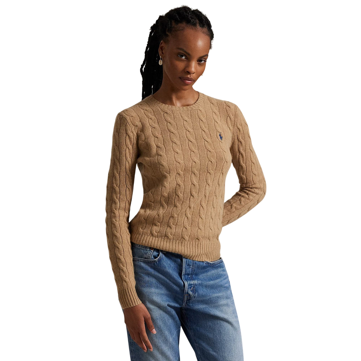 Maglia Donna a trecce in lana e cashmere Beige modella frontale