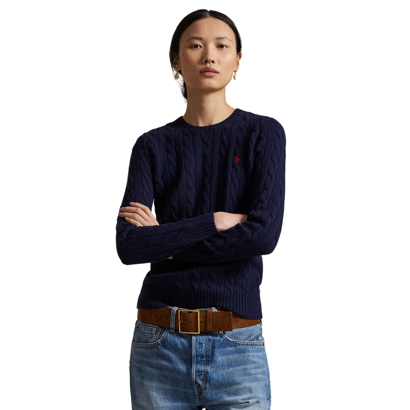 Maglia Donna a trecce in lana e cashmere Navy modella frontale
