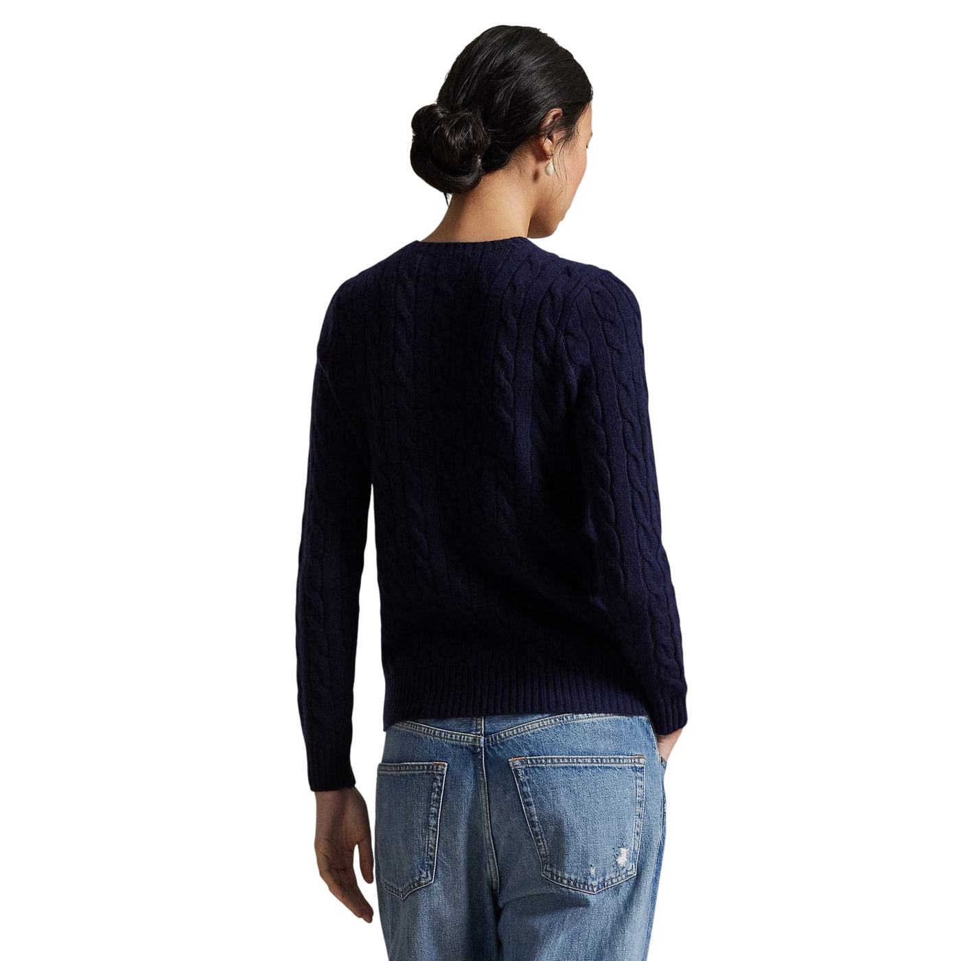 Maglia Donna a trecce in lana e cashmere Navy modella retro