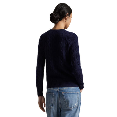 Maglia Donna a trecce in lana e cashmere Navy modella retro