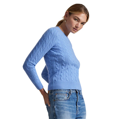 Maglia Donna a trecce in lana e cashmere Azzurro modella laterale