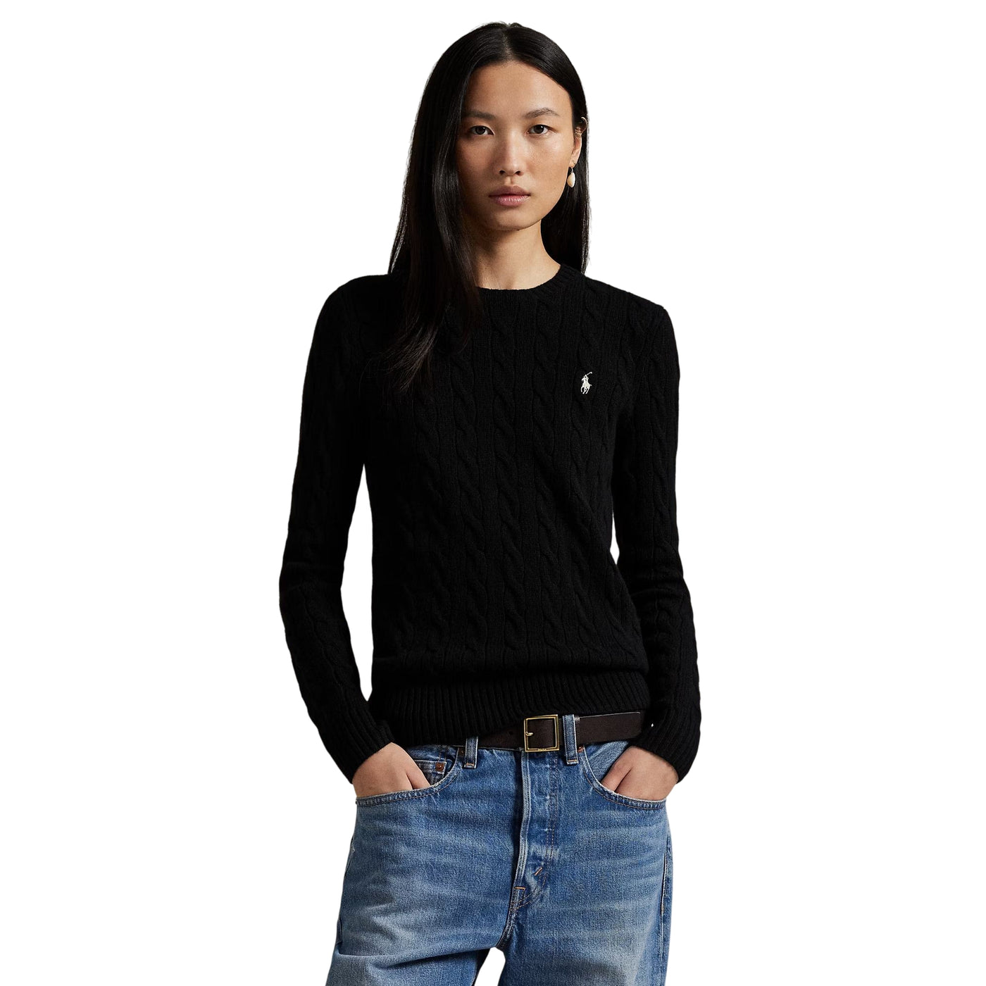 Maglia Donna a trecce in lana e cashmere Nero modella frontale