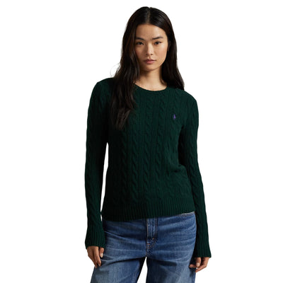Maglia Donna a trecce in lana e cashmere Verde scuro modella frontale