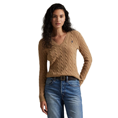 Maglia Donna a trecce con scollo a V Marrone modella frontale