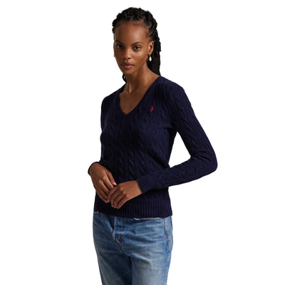 Maglia Donna a trecce con scollo a V Navy modella frontale