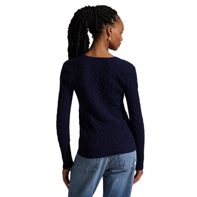 Maglia Donna a trecce con scollo a V Navy modello retro
