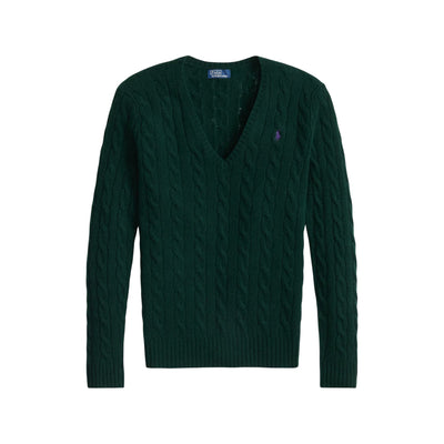 Maglia Donna a trecce con scollo a V Verde scuro